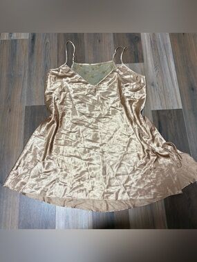 Gold Satin Silky Whimsical Witchy Cottagecore Nighty Slip Side Slit Mesh Back 2X
